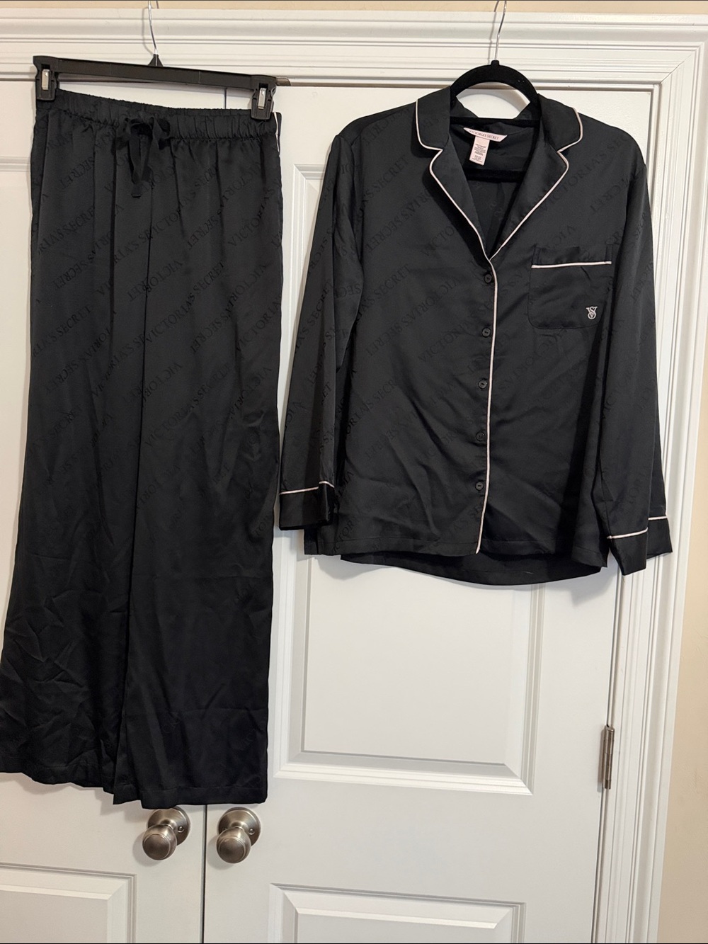 Victoria's Secret Black Satin Pajama Set with White Piping